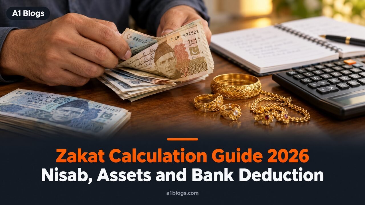 Zakat calculation, counting rupee notes beside gold jewellery and a calculator